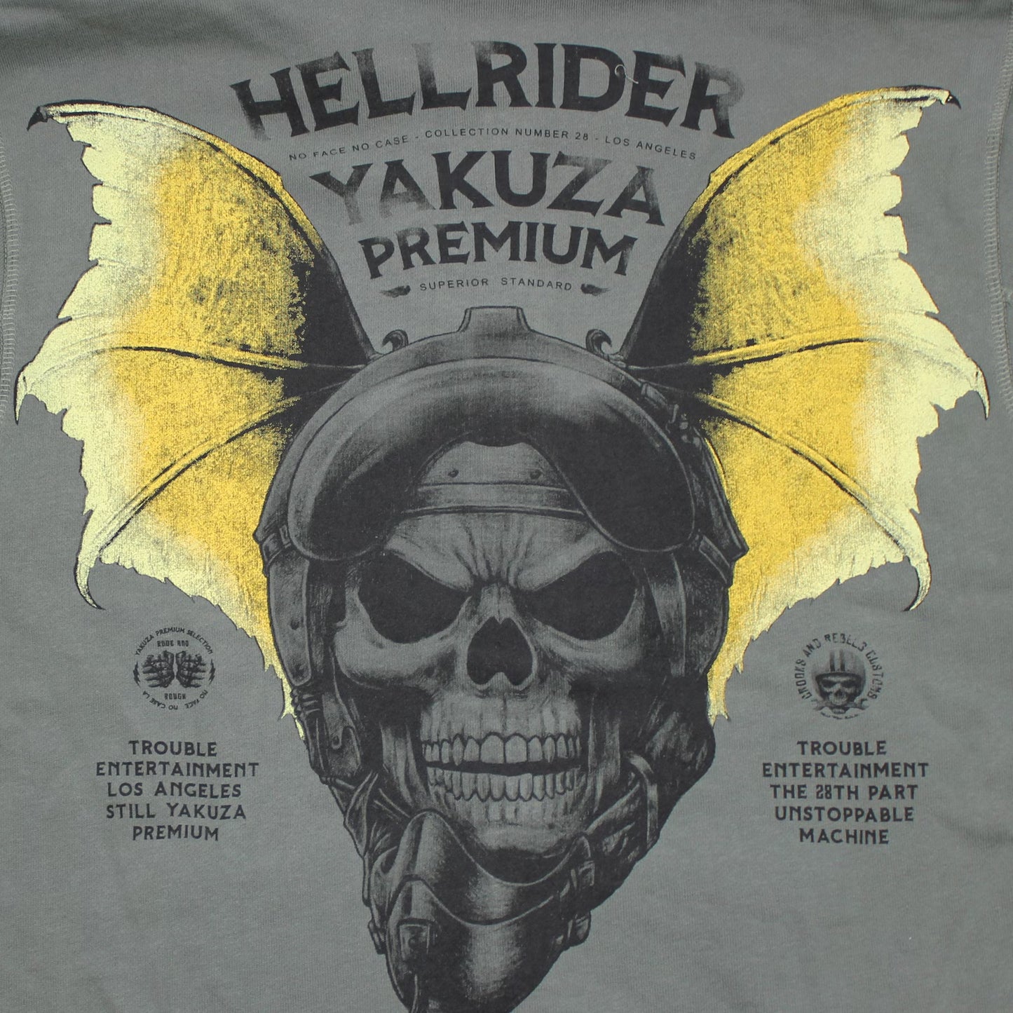 Yakuza Premium Oliv Sweatjacke mit Kapuze, Reissverschluss, Fledermaus-Skull-Rückendruck und Brustlogo