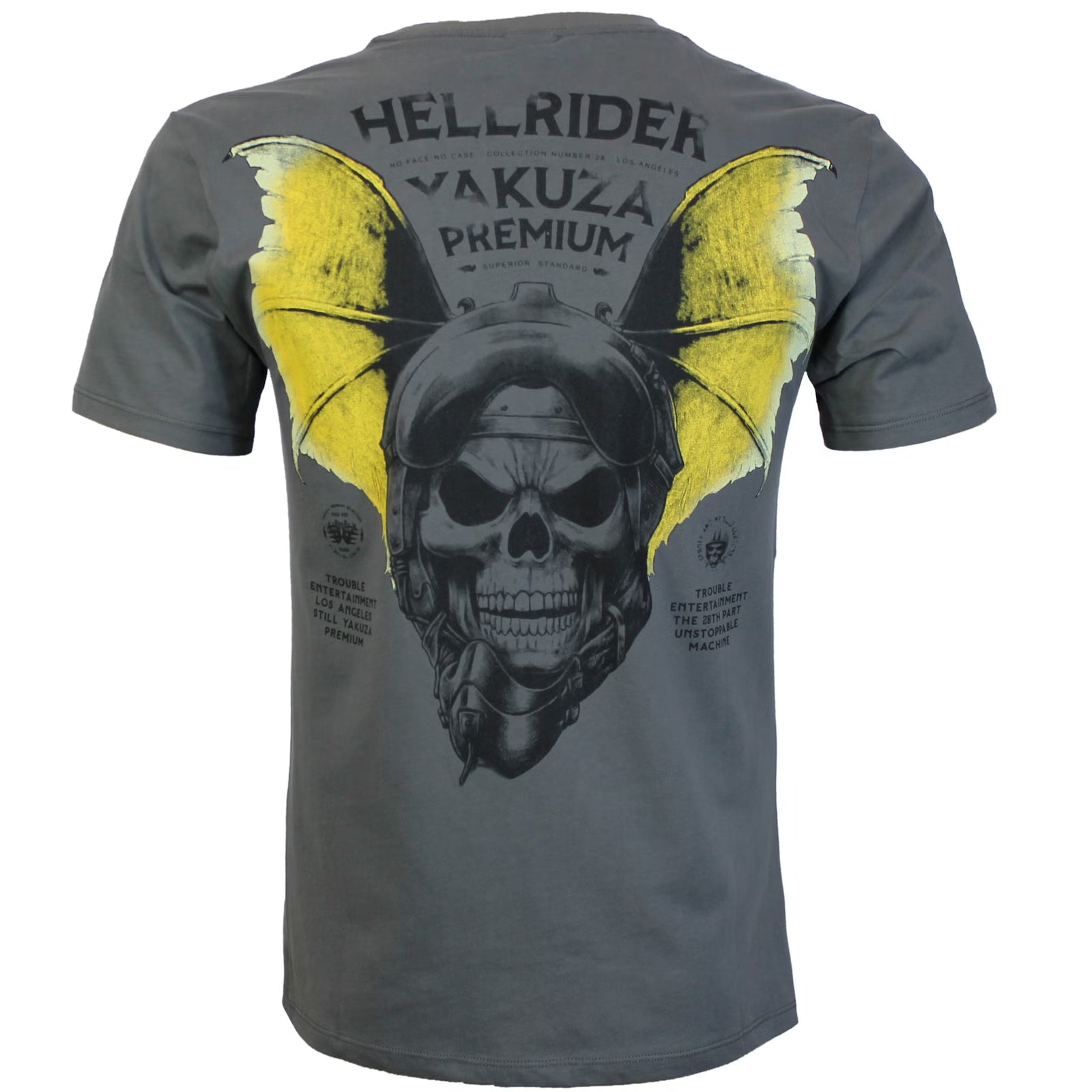 Yakuza Premium Selection T-Shirt in Dunkelgrau Stone mit kleinem Brustprint und grossem Rückenprint Skull mit Pilotenhelm