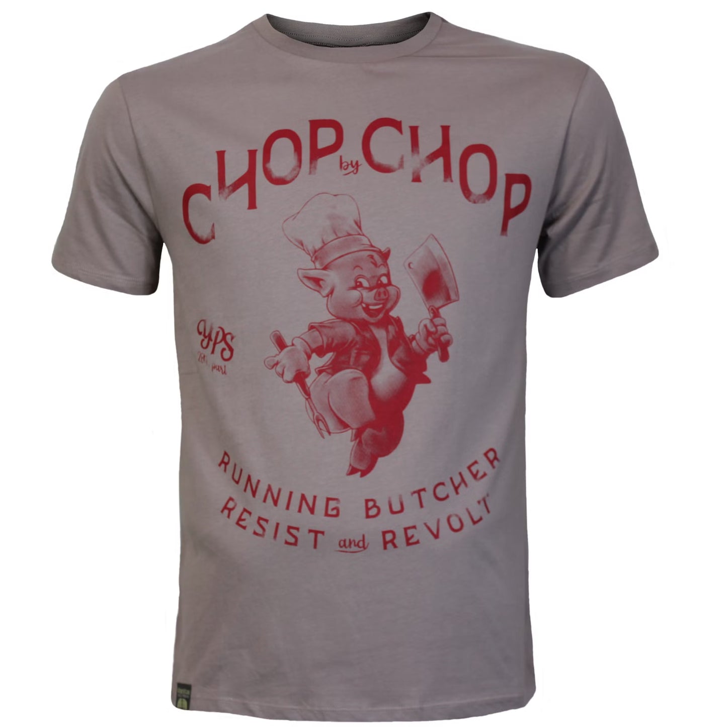 Yakuza Premium Selection T-Shirt in Lila mit grossem Frontprint Schwein als Koch und Chop by Chop Schriftzug auf dem Rücken