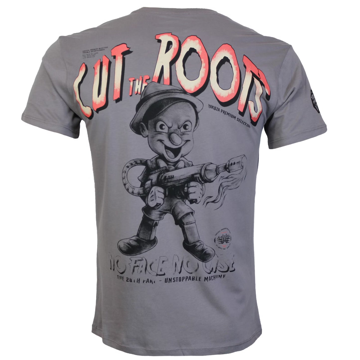 Rückseite des T-Shirts in Lila Matt mit buntem Buratino-Flammenwerfer-Print.