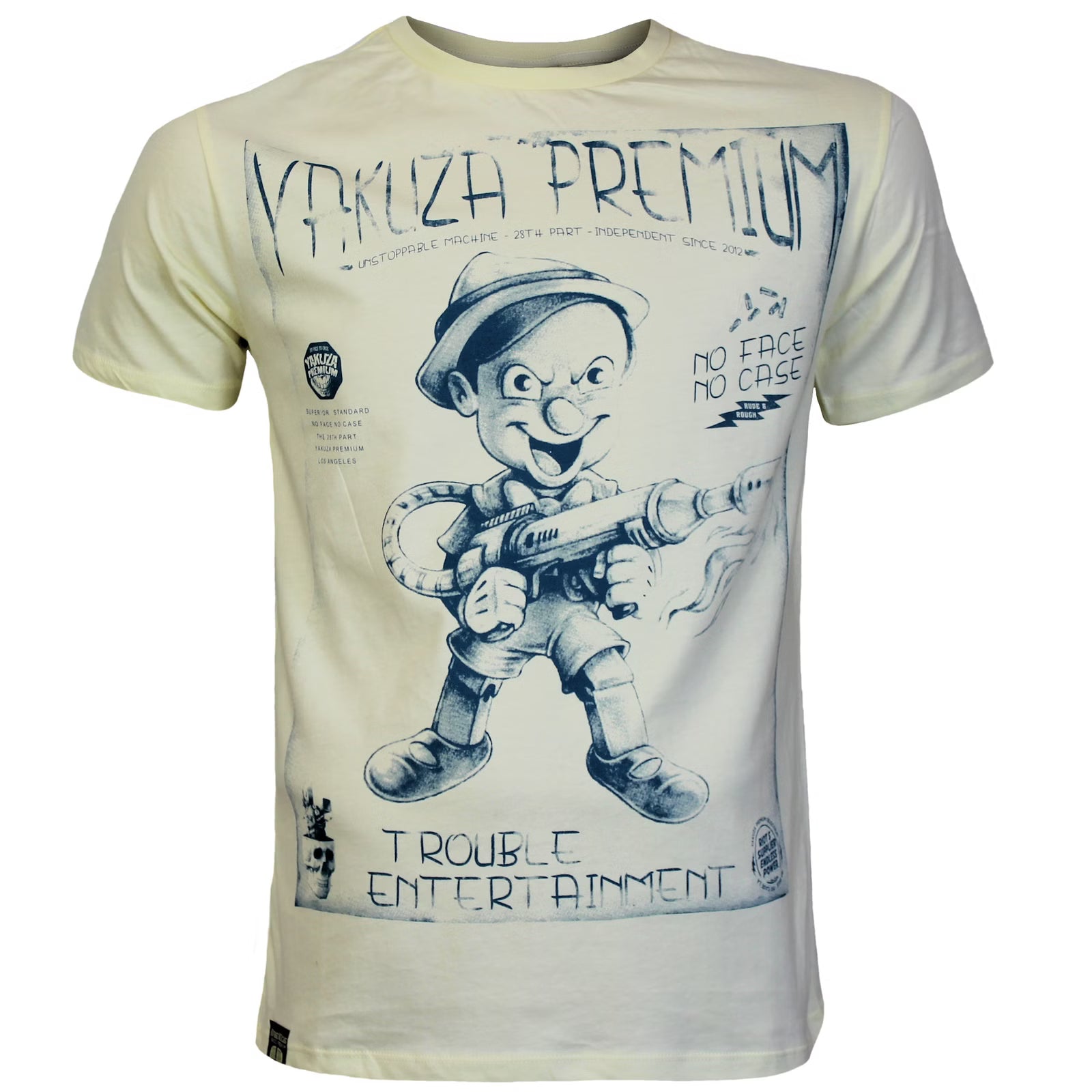 Yakuza Premium Selection T-Shirt in Hellgelb mit Frontprint Burattino mit Flammenwerfer und Schriftzug hinten