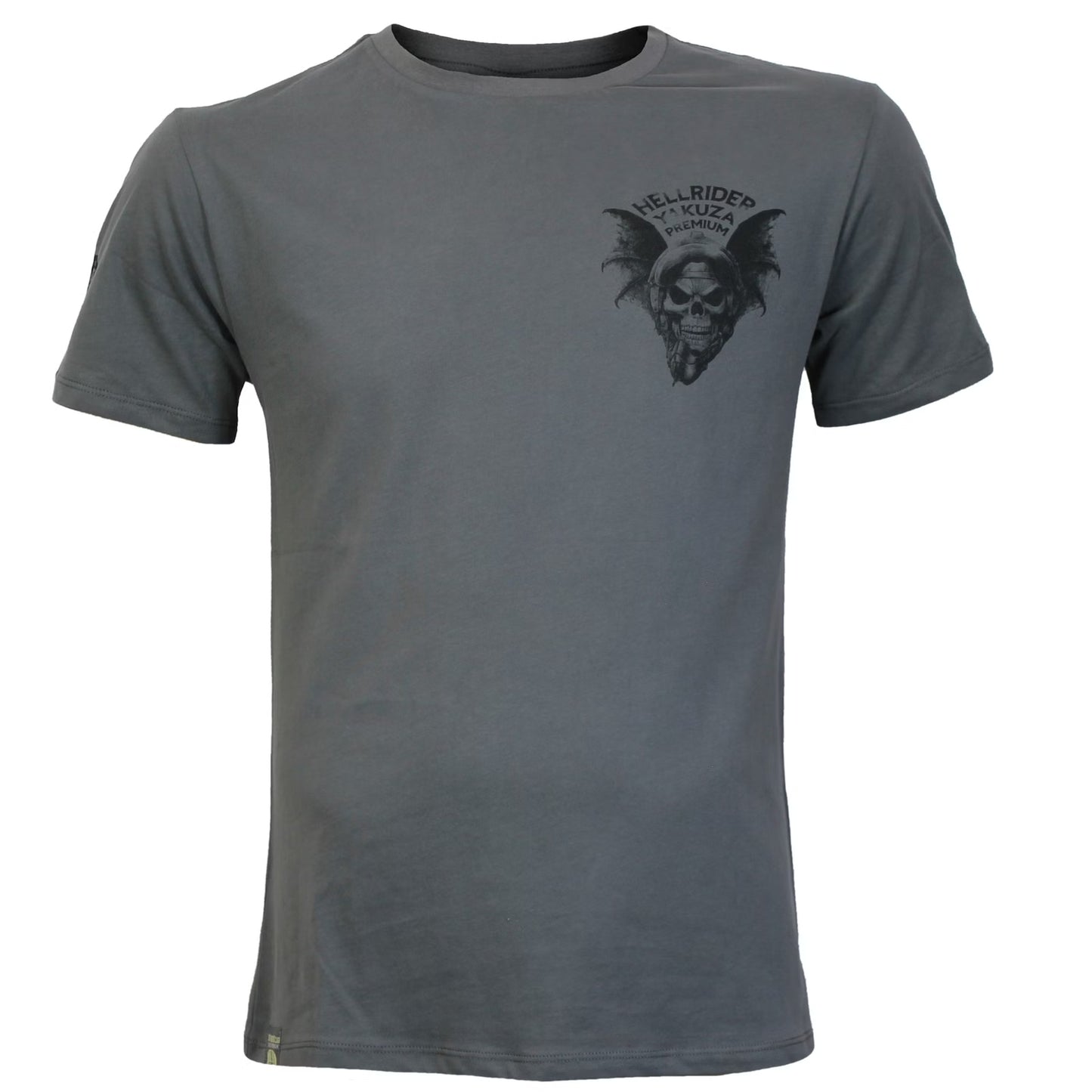 Yakuza Premium Selection T-Shirt in Dunkelgrau Stone mit kleinem Brustprint und grossem Rückenprint Skull mit Pilotenhelm