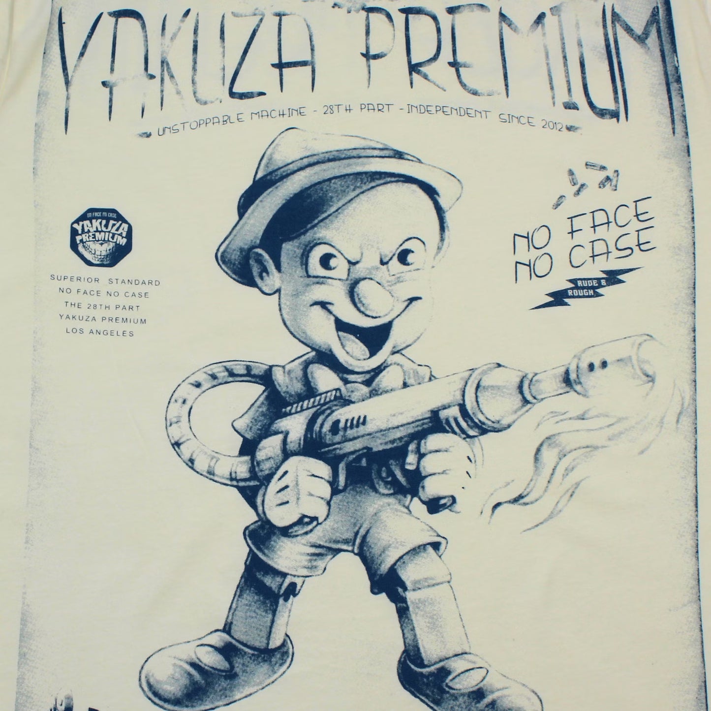 Yakuza Premium Selection T-Shirt in Hellgelb mit Frontprint Burattino mit Flammenwerfer und Schriftzug hinten