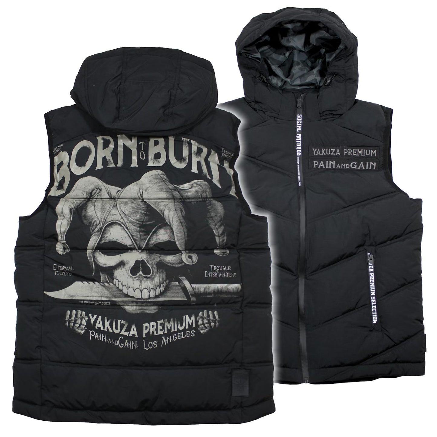 Schwarze Yakuza Premium Weste 3966 mit Harlekin-Print auf dem Rücken und abnehmbarer Kapuze.