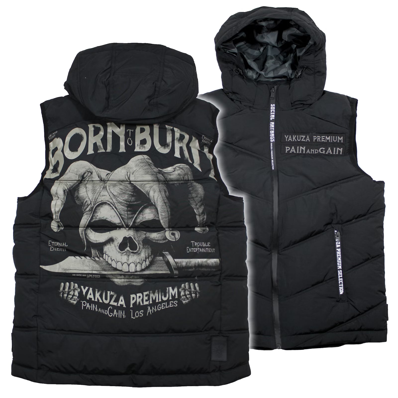 Schwarze Yakuza Premium Weste 3966 mit Harlekin-Print auf dem Rücken und abnehmbarer Kapuze.