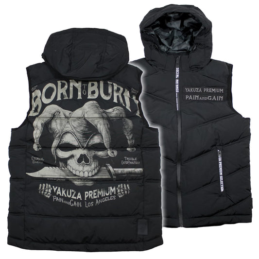 Schwarze Yakuza Premium Weste 3966 mit Harlekin-Print auf dem Rücken und abnehmbarer Kapuze.