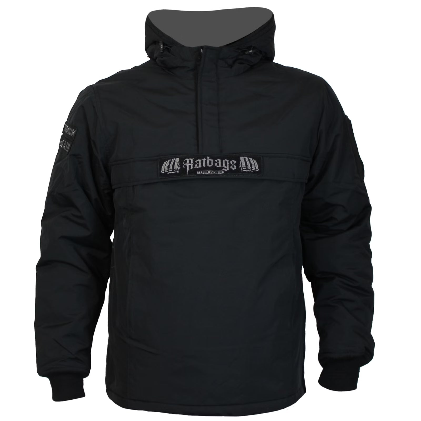 Yakuza Premium Windbreaker 3963 in Schwarz mit Kapuze, Harlekin-Print und Patches.