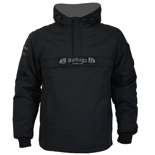 Yakuza Premium Windbreaker 3963 in Schwarz mit Kapuze, Harlekin-Print und Patches.