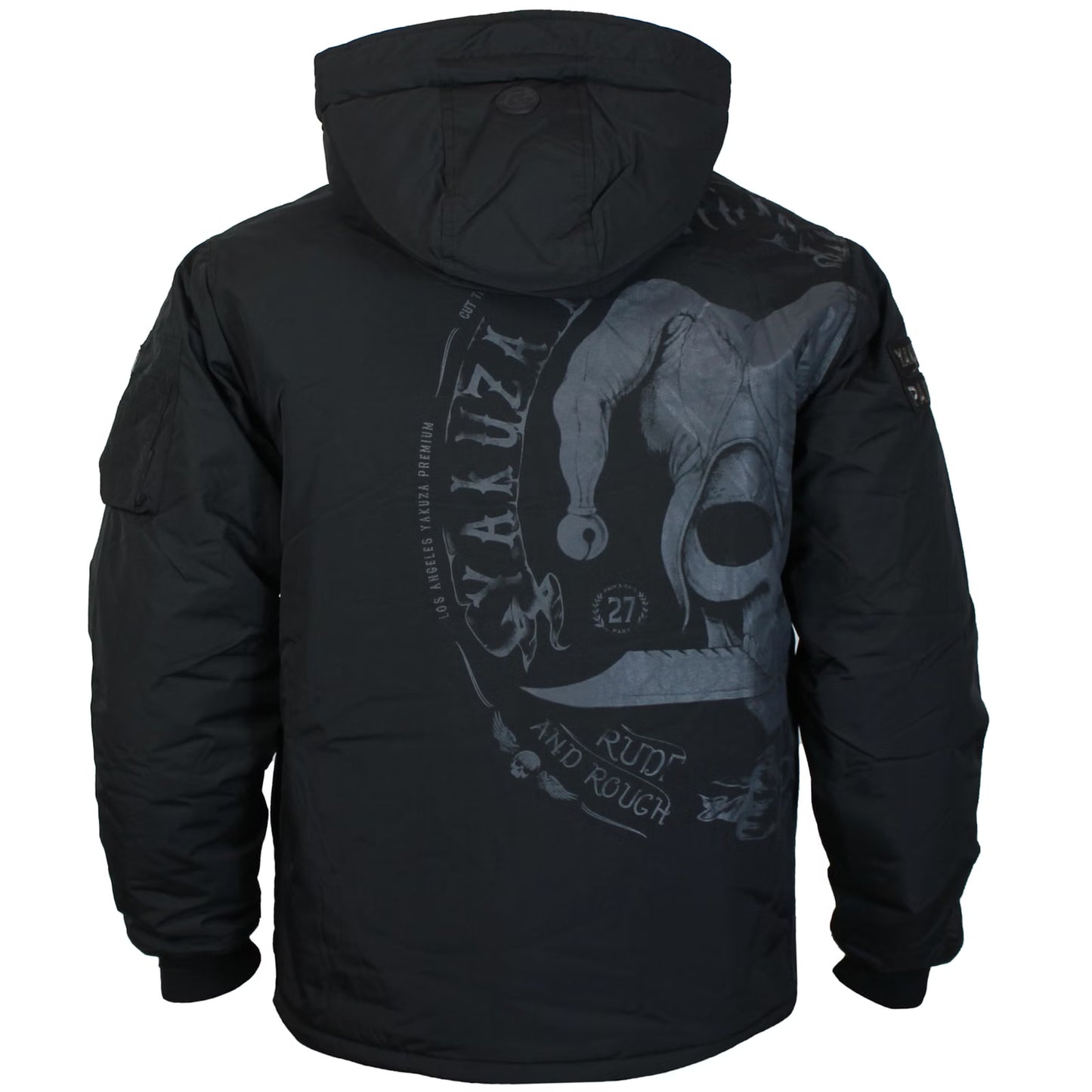 Yakuza Premium Windbreaker 3963 in Schwarz mit Kapuze, Harlekin-Print und Patches.