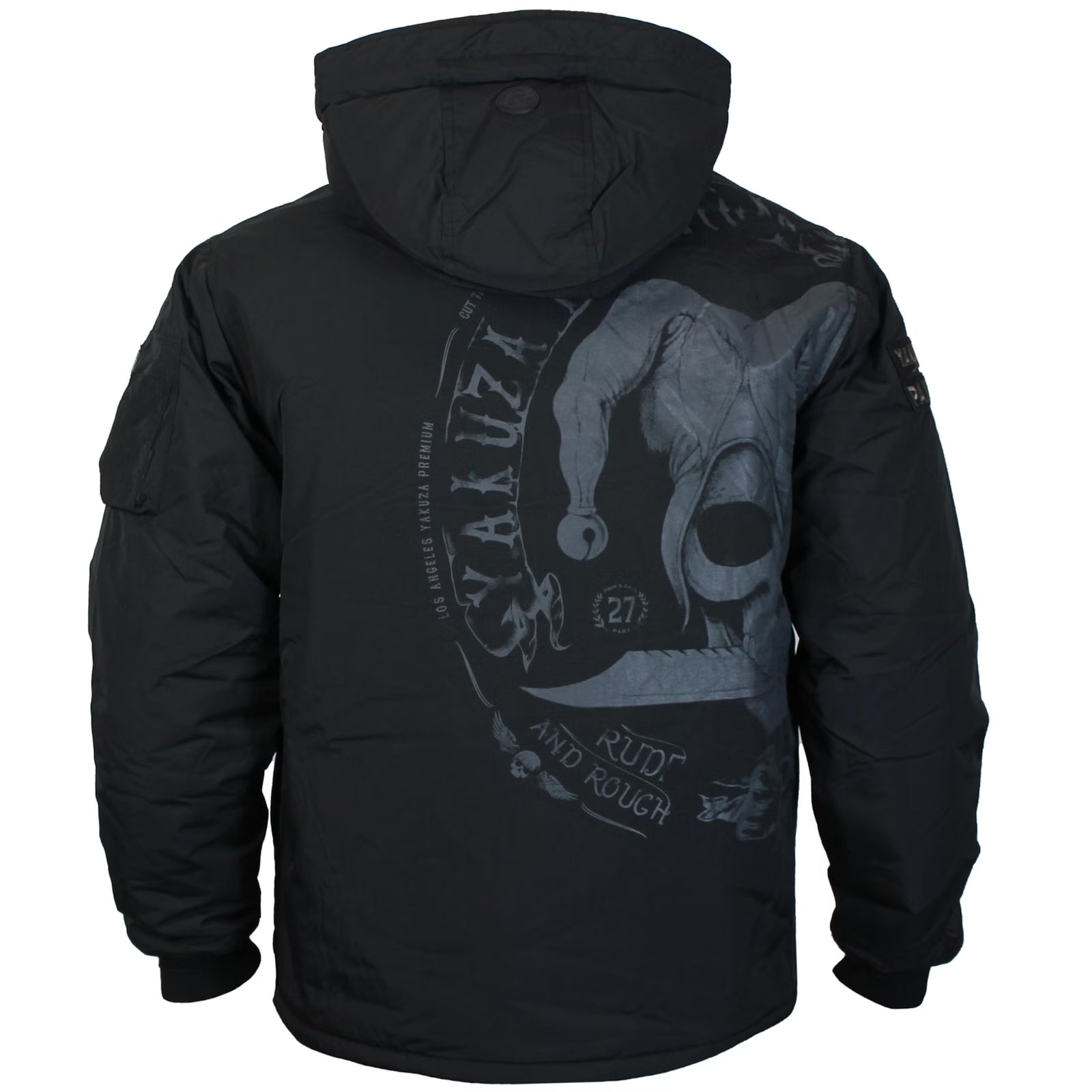 Yakuza Premium Windbreaker 3963 in Schwarz mit Kapuze, Harlekin-Print und Patches.
