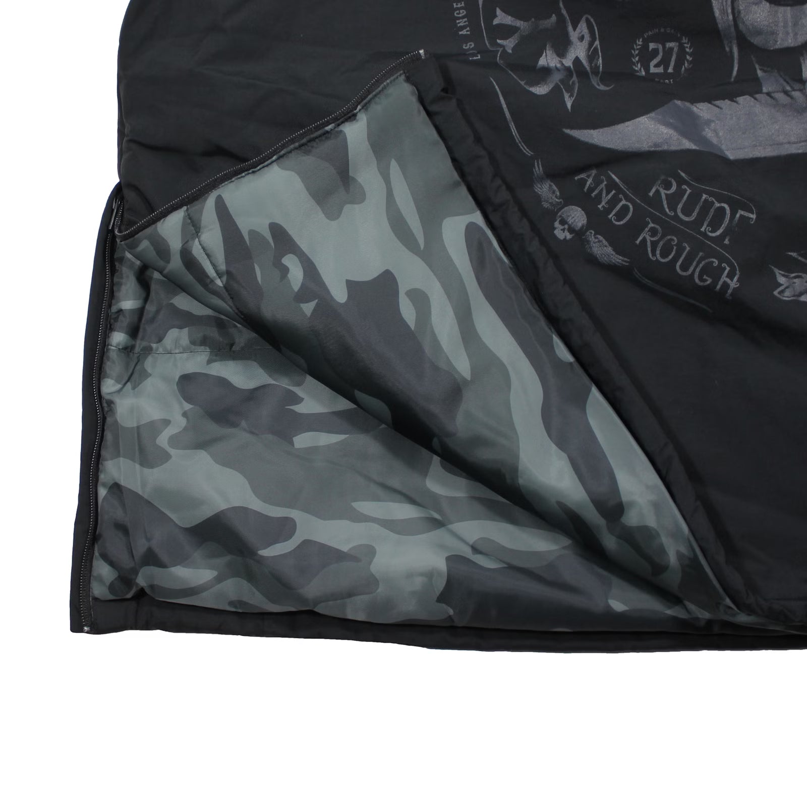 Yakuza Premium Windbreaker 3963 in Schwarz mit Kapuze, Harlekin-Print und Patches.