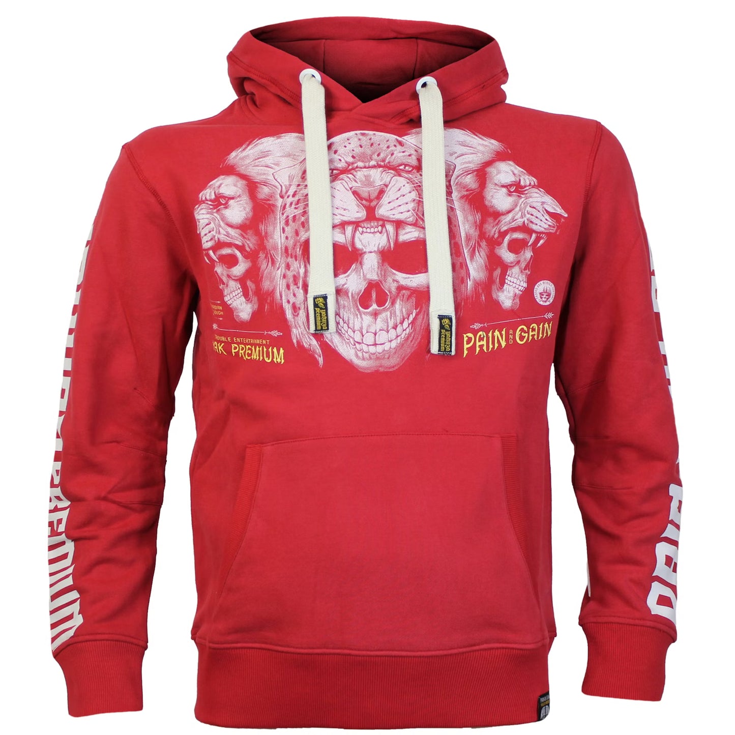 Yakuza Premium Sweatshirt YPH 3923 in Rot mit drei Indianer-Skulls vorn und Schriftzug auf den Ärmeln